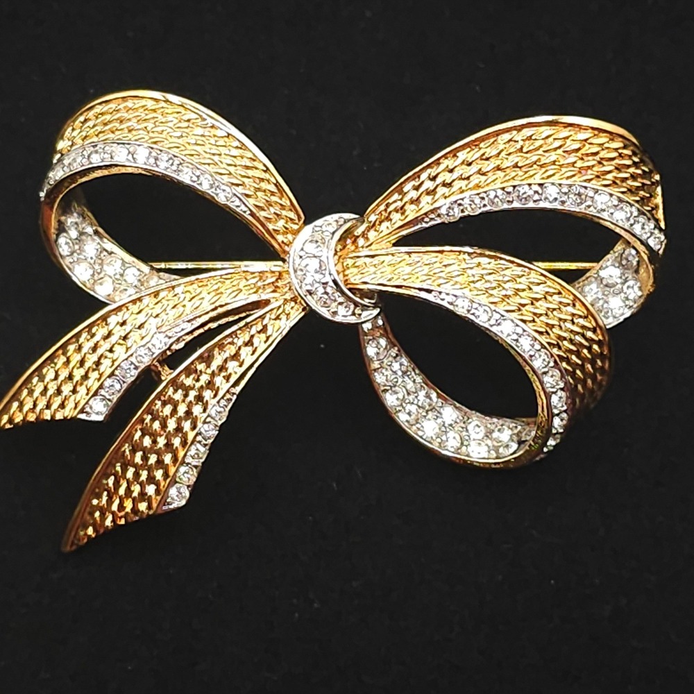 D'Orlan Bow Brooch Gold Tone Crystal Pave Ribbon Triple 22k Gold Plated Pin
